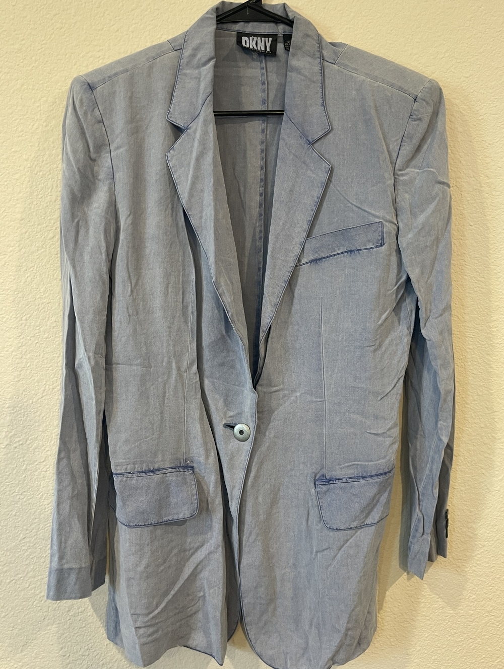 Dkny Vintage 90s Classic Chambray Blue 100% Silk Womens‎ Blazer Jacket Size 8